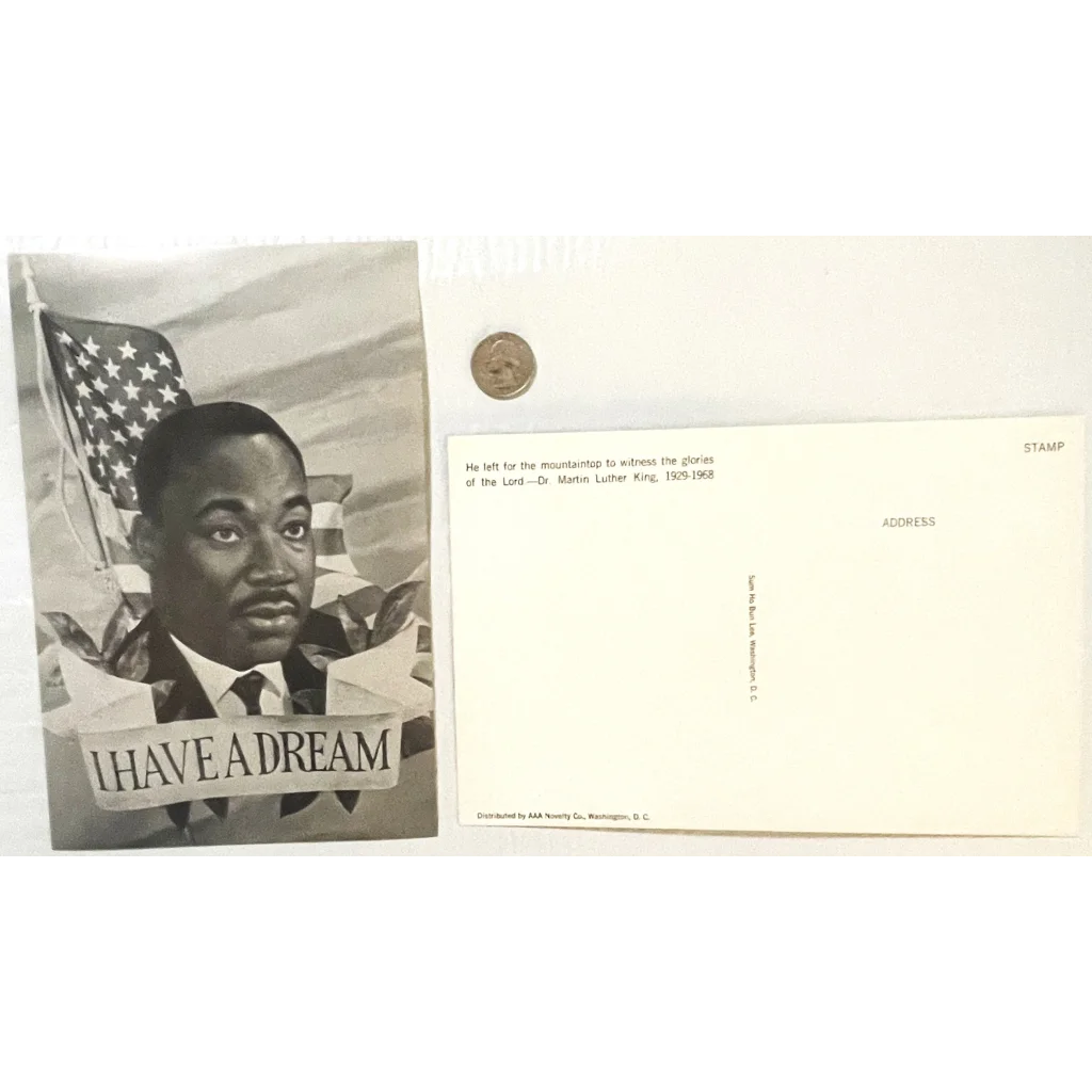 Vintage postcard of Martin Luther King Jr. with American flag and I Have A Dream quote
