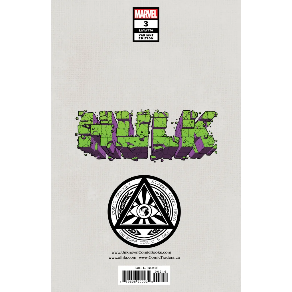 Comic book cover with HULK text in broken green and purple blocks by Donny Cates and Ryan Ottley