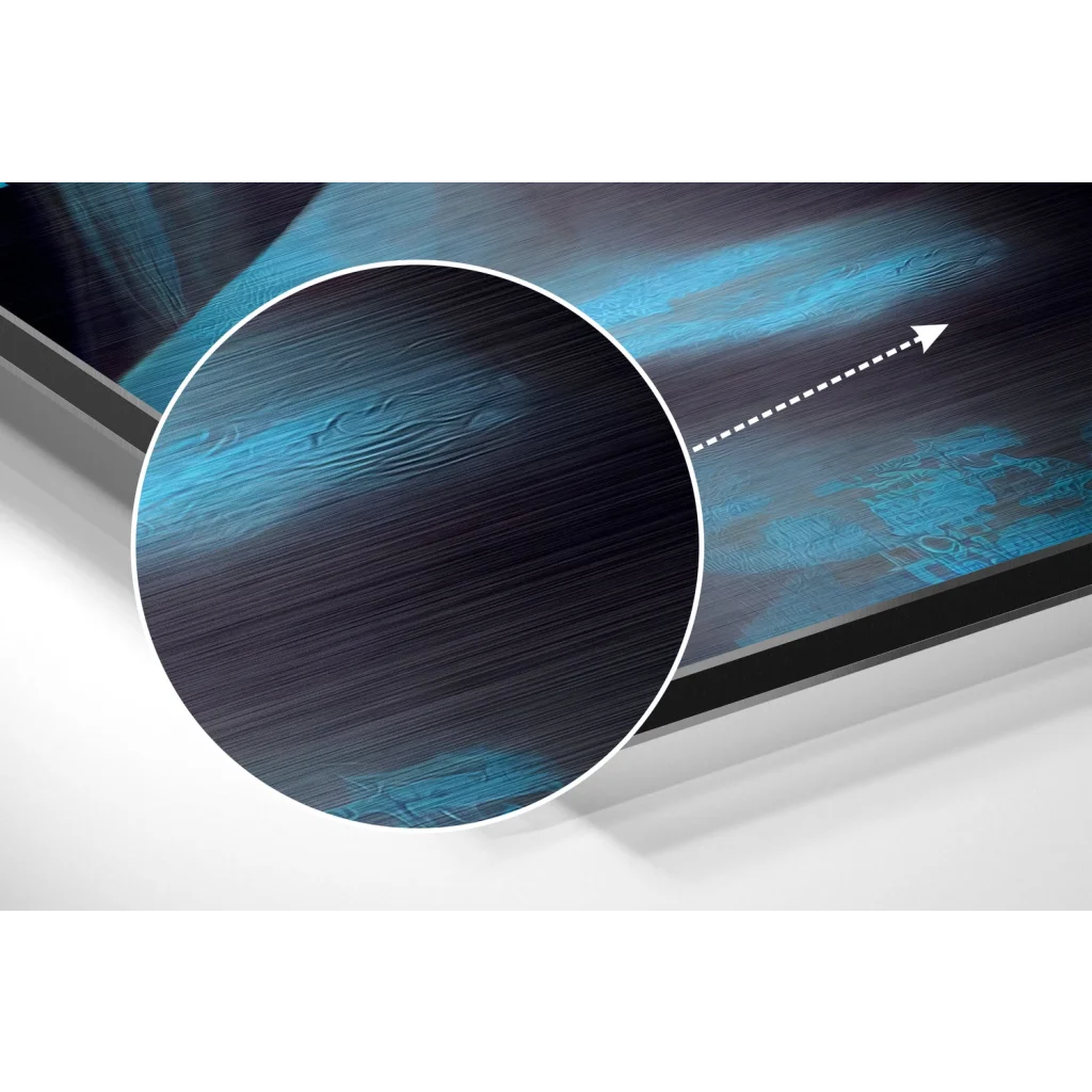 Stunning brushed aluminium dibond wall art print with sleek black frame and blue accents