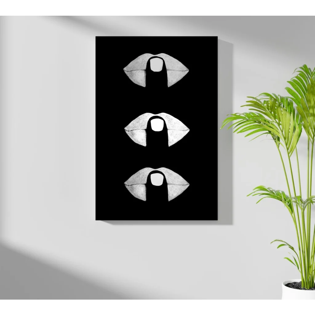 Stylized white lips on black canvas in insigne aluminum prints