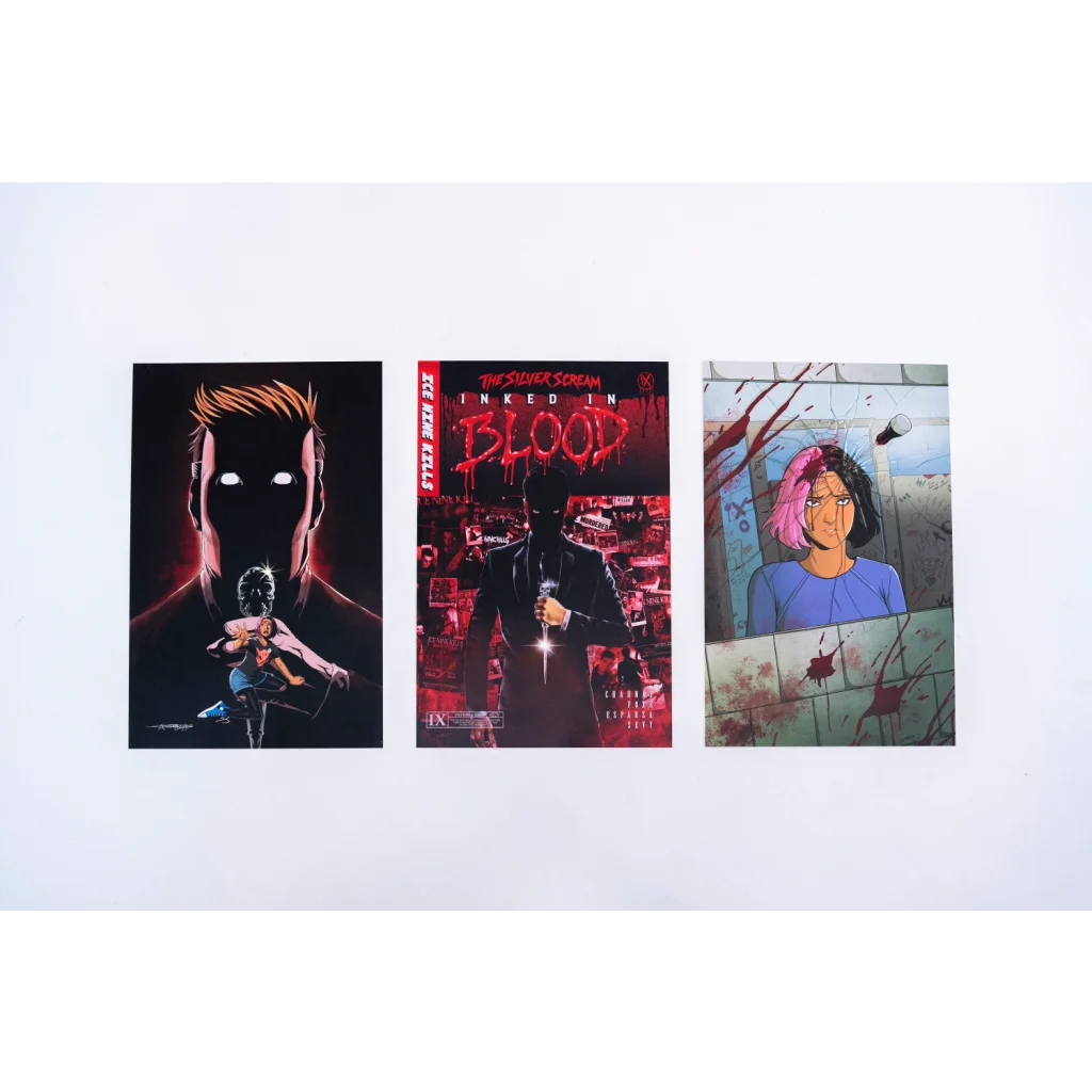 Three Ice Nine Kills Mike Cortada graphic novel covers in the Inked In Blood Deluxe Edition