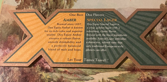 Vintage Dos Equis XX die-cut double-sided beer coaster with amber and special lager descriptions on orange and green panels,