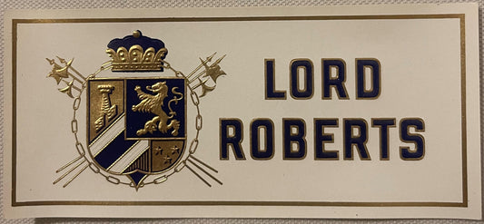 Embossed cigar label featuring "Lord Roberts" text in dark blue and gold with heraldic coat of arms, crown, and crossed flags