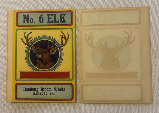 Front and back of vintage No. 6 Elk broom label showing elk head illustration on yellow background, Hamburg Broom Works Hambu
