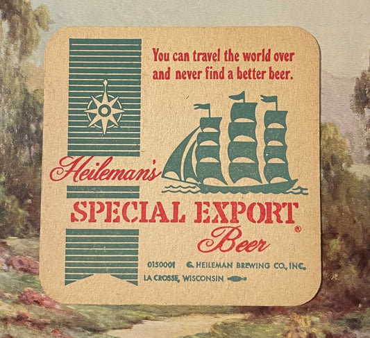 Vintage beer coaster with teal compass rose and sailing ship design, red text reading "Heileman's Special Export Beer," G. He