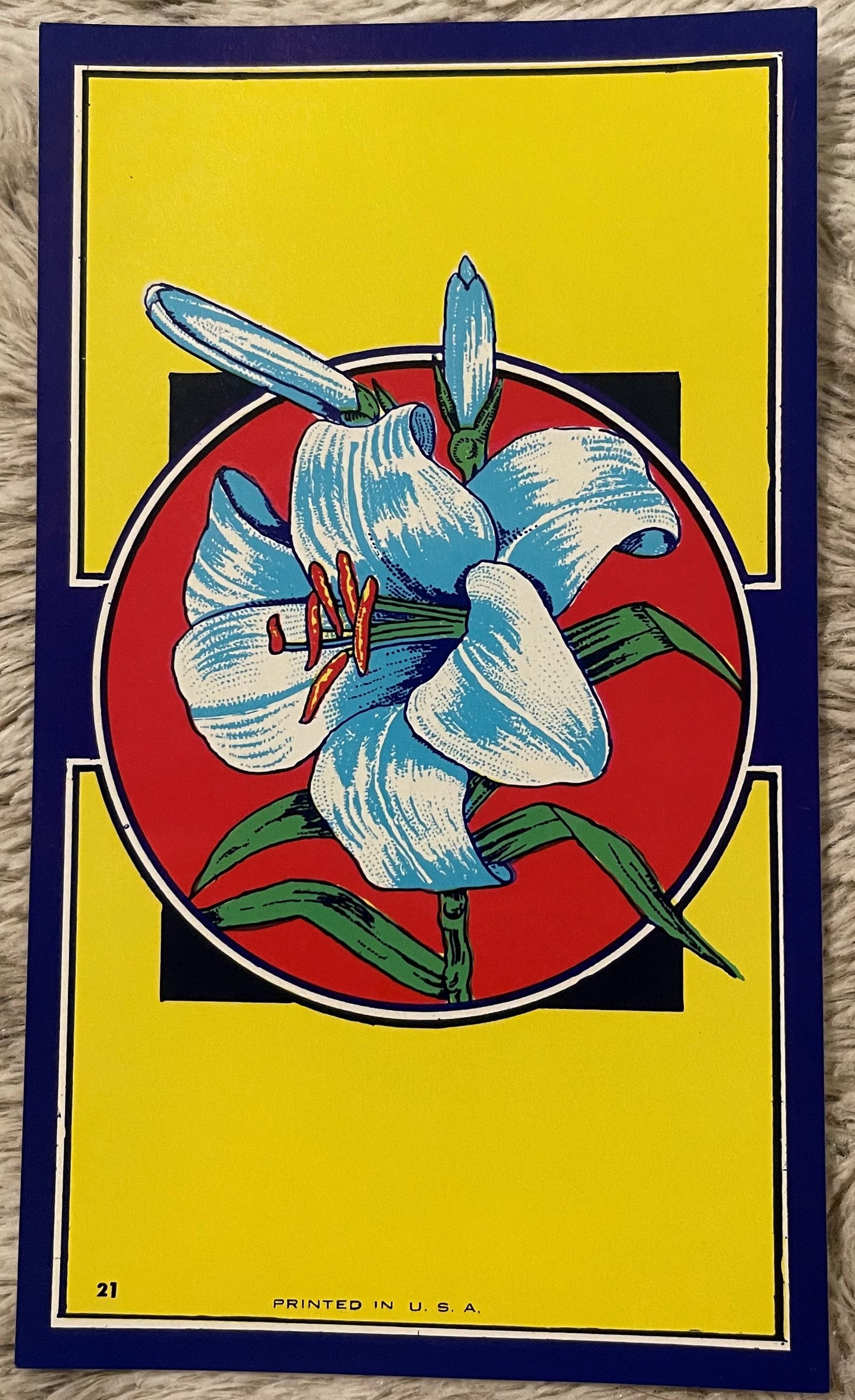 Art Deco lily broom label with white flowers and blue stamens on red circle, yellow background with navy border, numbered 21,
