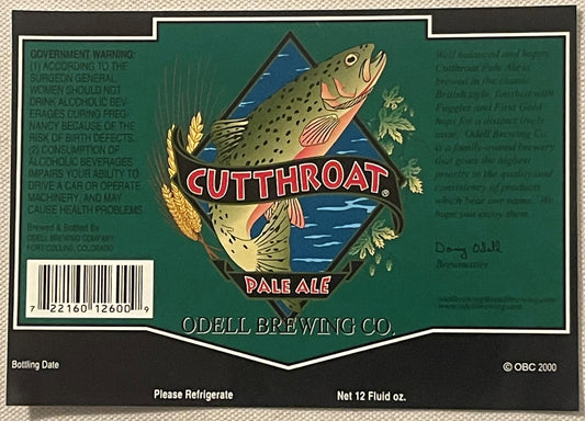 Vintage Cutthroat Pale Ale beer label from Odell Brewing Co. featuring an illustrated cutthroat trout on green background wit
