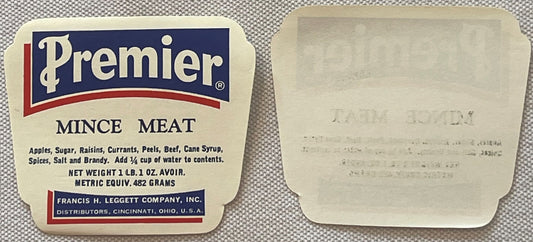 Vintage Premier mince meat label front and back, cream-colored with navy and red branding, Francis H. Leggett Company Cincinn