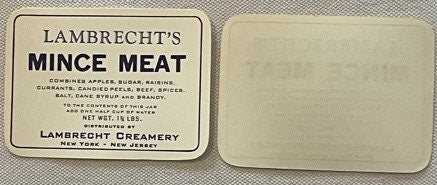 Front and back of vintage Lambrecht's Mince Meat jar label from Lambrecht Creamery, New York and New Jersey, cream-colored wi