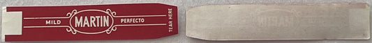 Vintage Martin Mild Perfecto cigar band label in burgundy red with cream decorative oval center, shown flat against light bac