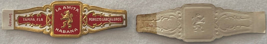Ornate gold and red cigar band with "La Amita Habana" and maker marks, shown front and back against gray background