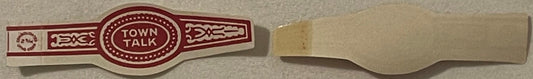 Vintage cigar band with maroon and cream design reading "Town Talk" in oval center, shown front and back against gray surface