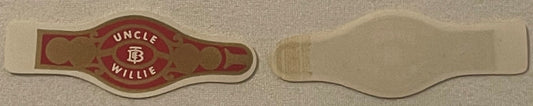 Antique cigar band with red and gold Uncle Willie logo on tan background, shown front and back views