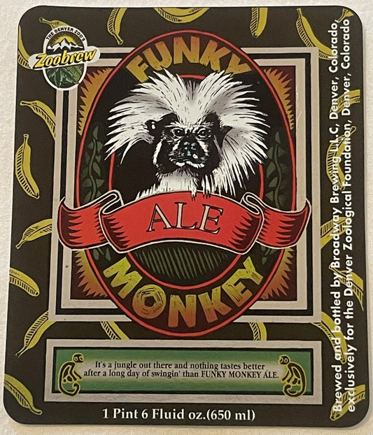 Vintage Funky Monkey Ale beer label featuring a white-haired monkey face with red banner and gold text on brown background wi