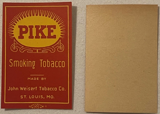 Antique Pike Smoking Tobacco label front and back, red and gold design by John Weisert Tobacco Co., St. Louis MO