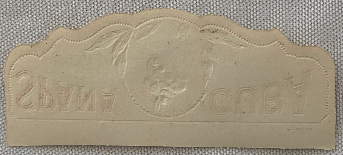 Embossed cream-colored cigar box label with portrait medallion and decorative border, showing "SPANA CUBA" text on textured f