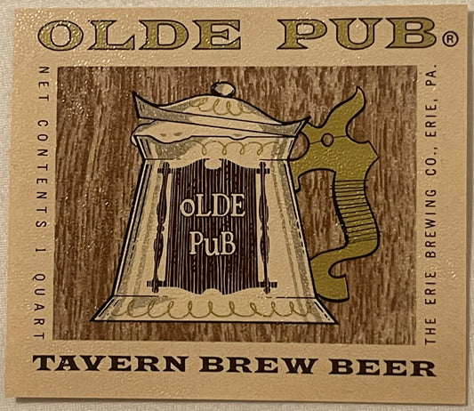 Vintage Olde Pub Tavern Brew beer label featuring a wooden barrel illustration and cow head, tan and brown colors, Erie Brewi