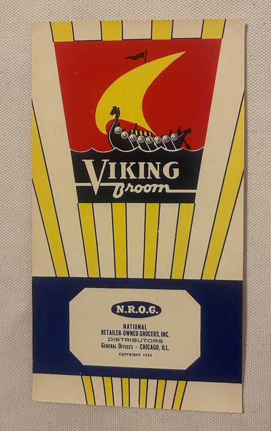 Vintage Art Deco Viking Broom label with red background, yellow sail design, black Viking ship, and N.R.O.G. Chicago distribu