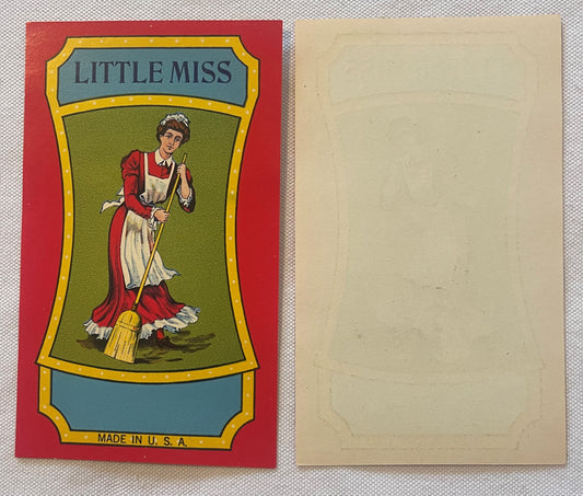 Vintage Little Miss Broom label with red border showing woman in red apron sweeping, front and back displayed side-by-side