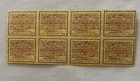 Uncut sheet of eight tan and brown vintage B&W tobacco coupons with printed text, each valued at 3/4 of one cent, arranged in