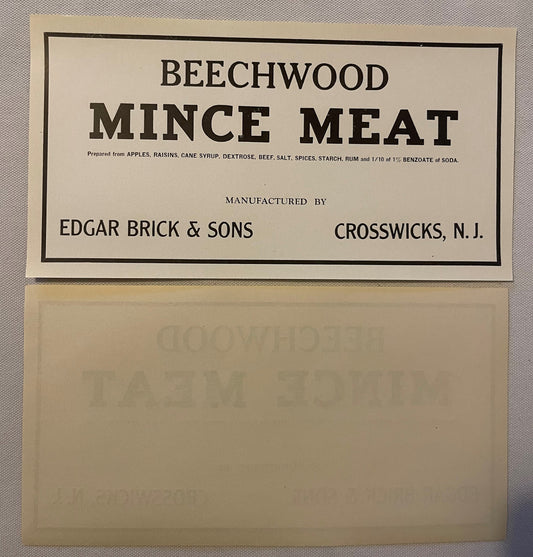 Antique Beechwood Mince Meat label by Edgar Brick & Sons, Crosswicks NJ, showing ingredient list and manufacturer details on