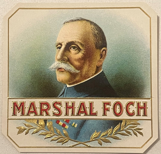 Antique chromolithograph cigar box label showing a mustachioed man in military uniform with medals, text reading "MARSHAL FOC