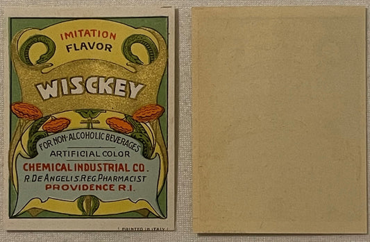Vintage "Wisckey" whiskey flavor label with Art Nouveau design, ornamental handles, red flowers, and text for Chemical Indust