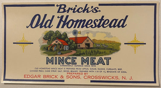 Vintage Brick's Old Homestead Mince Meat label featuring red-roofed farmhouse, windmill, and cattle on cream background with