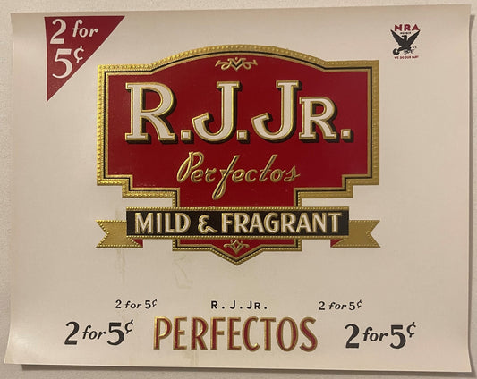 Vintage R.J. Jr. Perfectos cigar box label with red and gold design, NRA Blue Eagle insignia, and "2 for 5¢" pricing text, on