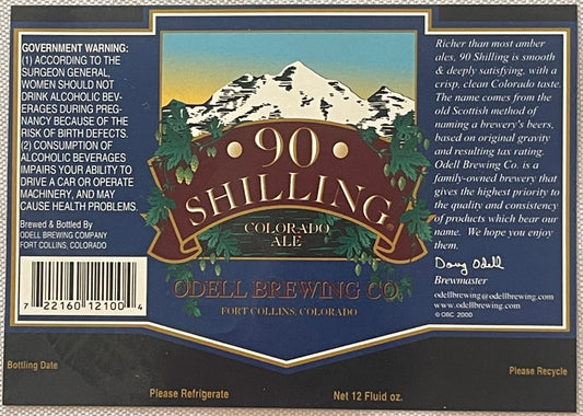 Vintage 90 Shilling Colorado Ale beer label from Odell Brewing Co., Fort Collins, featuring snow-capped mountain and hop imag