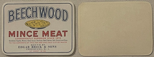 Vintage Beechwood Mince Meat jar label by Edgar Brick & Sons, Crosswicks NJ, shown front and back on tan fabric surface