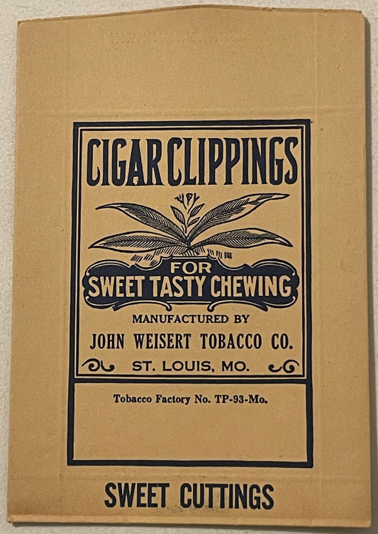 Vintage tobacco bag front label for John Weisert Cigar Clippings, St. Louis MO, tan cardboard with black text and tobacco lea