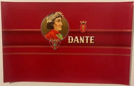 Red cigar box label with gold-embossed border, profile portrait of Dante in circular medallion, and "DANTE" text in gold lett