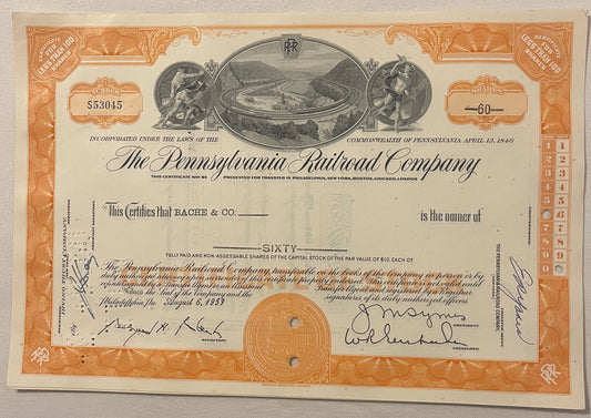 Vintage Pennsylvania Railroad stock certificate with orange ornamental border, showing 60 shares, dated
