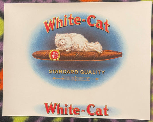 Vintage White-Cat cigar box label featuring a fluffy white cat on a brown cigar with gold band, blue background, red letterin