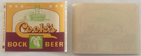 Front and back of vintage Cook's Bock Beer label showing steamboat, goat design, gold and maroon colors, Evansville Indiana m