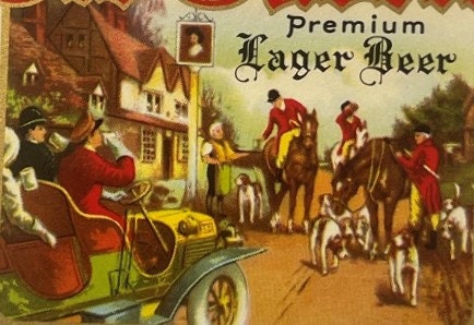 Vintage beer label showing a festive village street scene with people, horses, and carriages in period dress, with "Premium L