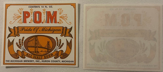 Vintage POM Pride of Michigan all malt beer label from Michigan Brewery Inc., Huron County, showing bridge illustration and d