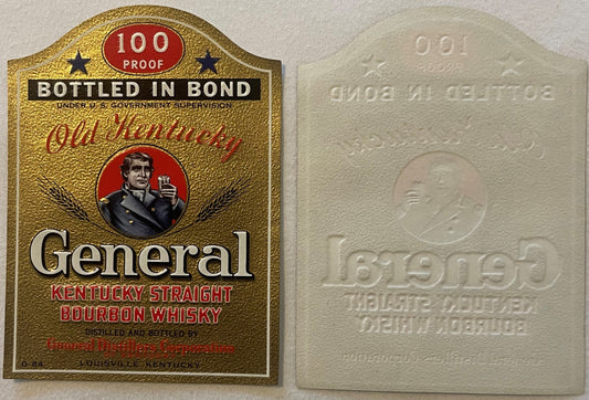 Front and back of vintage embossed General bourbon whiskey label showing gold and red design with portrait, and cream colored
