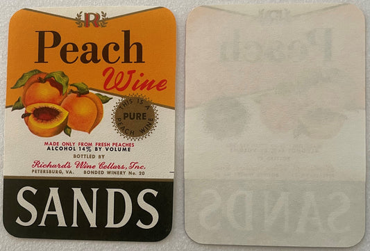 Vintage Sands Peach Wine label front and back, orange and black design with peach illustration, Richards Wine Cellars Petersb