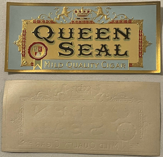 Gold embossed cigar box label for "Queen Seal" mild quality cigar, shown front and back, featuring ornate crown and heraldic