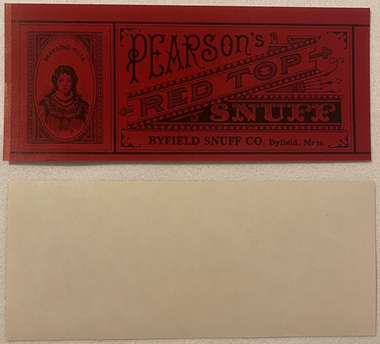 Red and black vintage snuff label with portrait medallion on left, ornate typography reading "Pearson's Red Top Snuff" by Byf