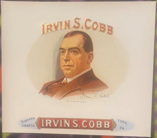 Embossed cigar label featuring portrait of man in brown suit with "Irvin S. Cobb" text above and "Irvins Cobb" banner below,