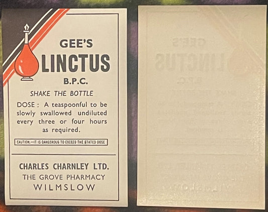 Front and back of a vintage Gee's Linctus B.P.C. medicine label with red bottle illustration, dosage instructions, and Wilmsl