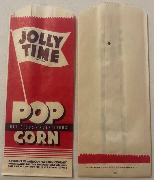 Vintage Jolly Time popcorn bag front and back shown flat, red and cream paper with brown text, American Pop Corn Company, Sio