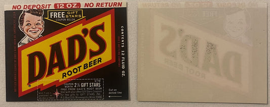 Vintage Dad's Root Beer label showing smiling face mascot, yellow and red design, with coupon section and "Cut on dotted line
