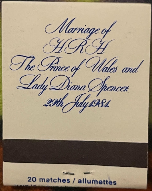 Cream-colored matchbook cover with blue cursive text reading "Marriage of HRH The Prince of Wales and Lady Diana Spencer 29th
