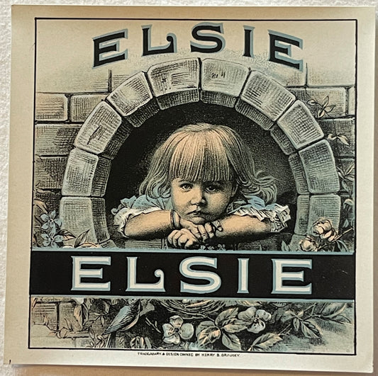 Vintage cigar label featuring a young child with blonde hair resting arms on a brick arch, surrounded by flowering vines, tex