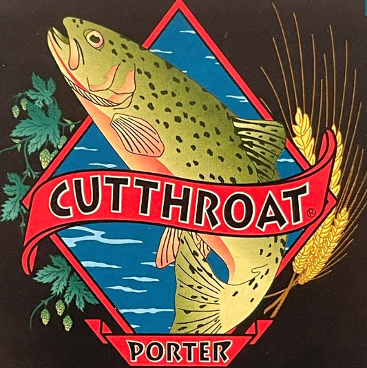 Vintage beer label featuring a spotted trout fish in yellow-green against blue water, surrounded by red diamond border with "