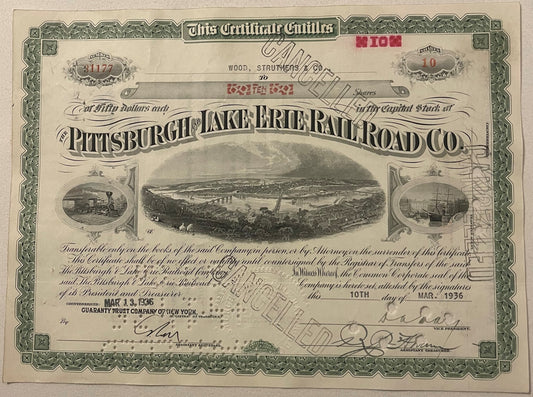 Ornate Pittsburgh & Lake Erie Railroad stock certificate with engraved border, central landscape vignette, and locomotiv